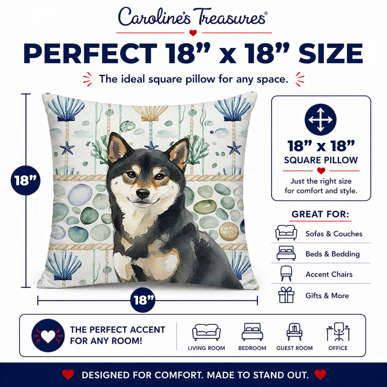 Black and Tan Shiba Inu Coastal Sea Glass Decorative Throw Pillow 18x18 Indoor Outdoor Accent Cushion, Fabric Cover with Insert for Sofa, Bed, Porch & Living Room