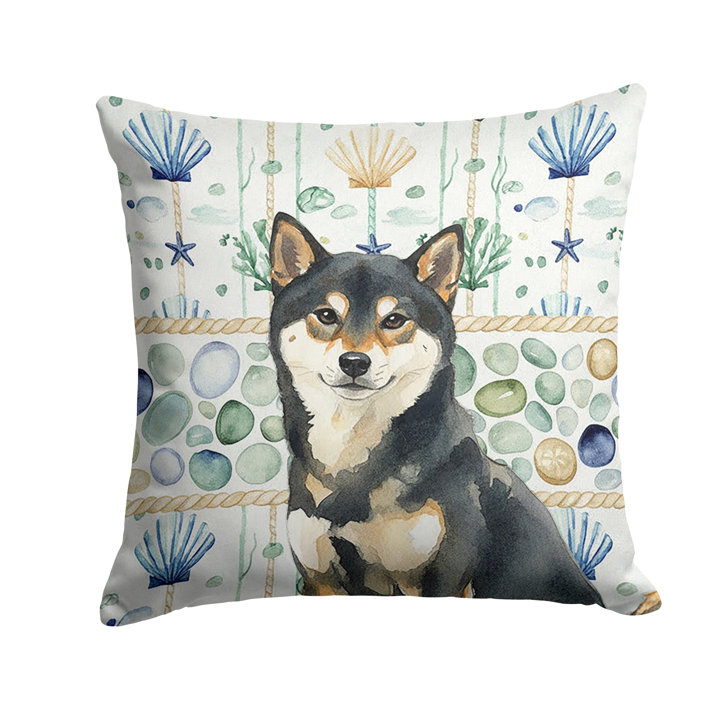 Black and Tan Shiba Inu Coastal Sea Glass Decorative Throw Pillow 18x18 Indoor Outdoor Accent Cushion, Fabric Cover with Insert for Sofa, Bed, Porch & Living Room