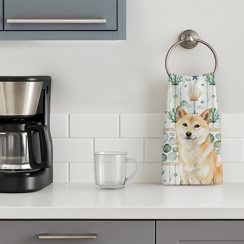 Cream Shiba Inu Coastal Sea Glass Kitchen Towel Velour Plush Front and Cotton Loop Back Machine Washable