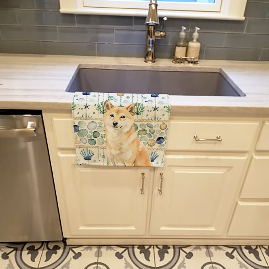 Cream Shiba Inu Coastal Sea Glass Kitchen Towel Velour Plush Front and Cotton Loop Back Machine Washable
