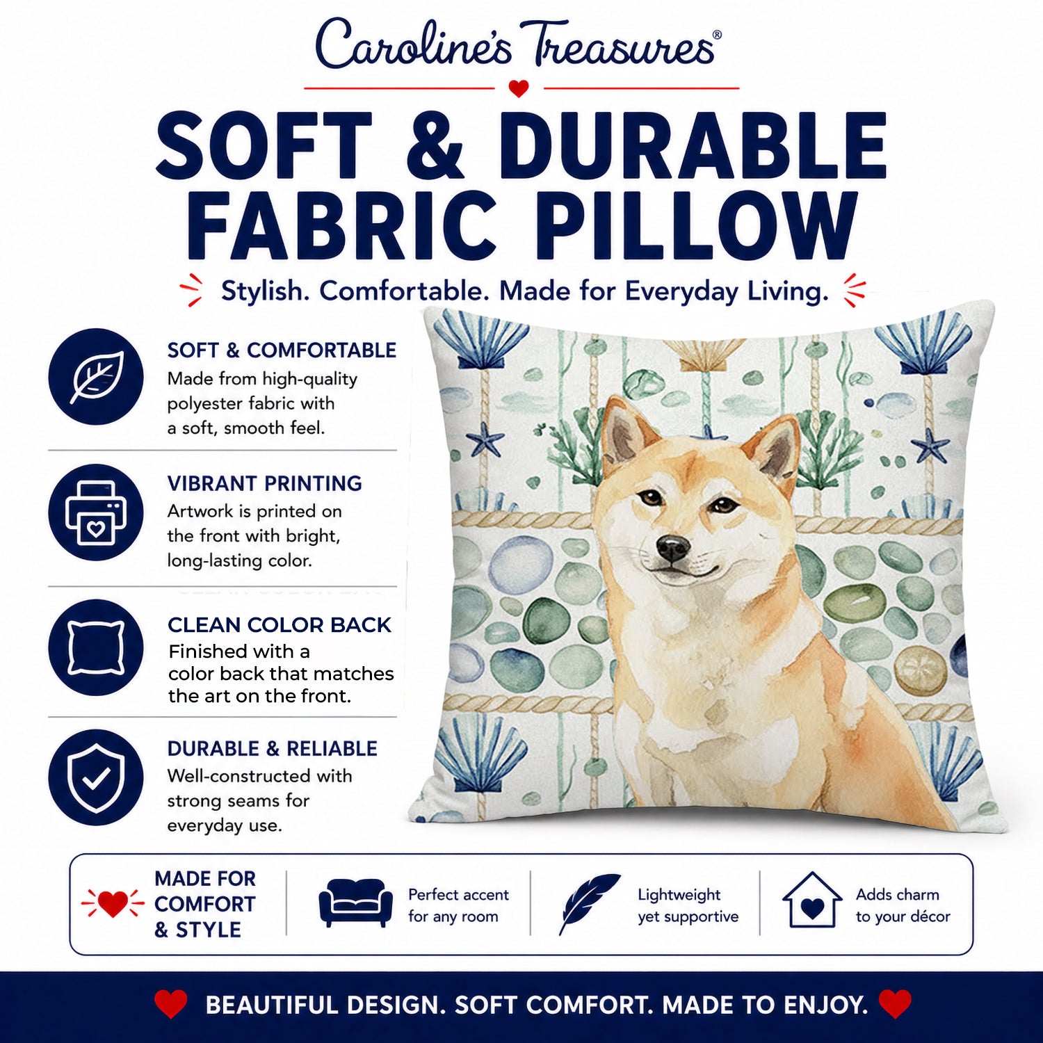 Cream Shiba Inu Coastal Sea Glass Decorative Throw Pillow 14x14 Indoor Outdoor Accent Cushion, Fabric Cover with Insert for Sofa, Bed, Porch & Living Room
