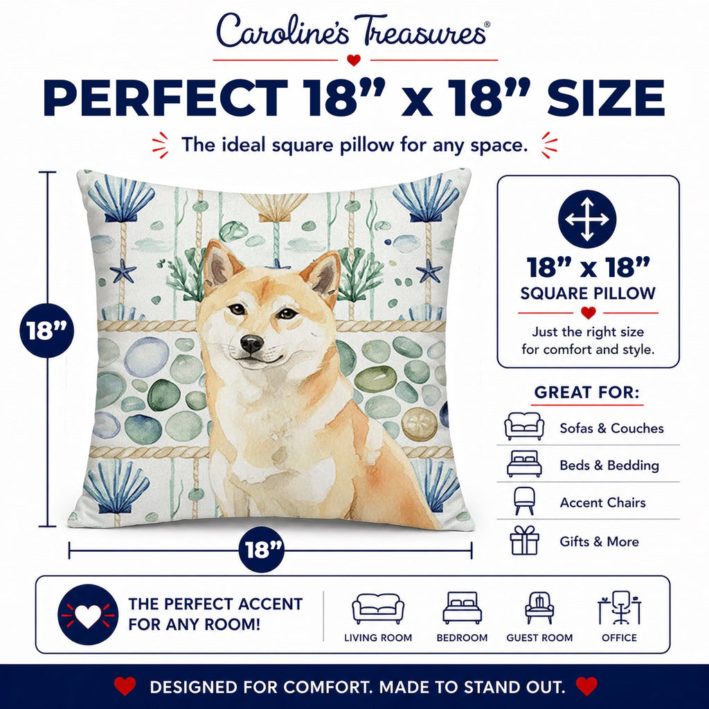 Cream Shiba Inu Coastal Sea Glass Decorative Throw Pillow 18x18 Indoor Outdoor Accent Cushion, Fabric Cover with Insert for Sofa, Bed, Porch & Living Room