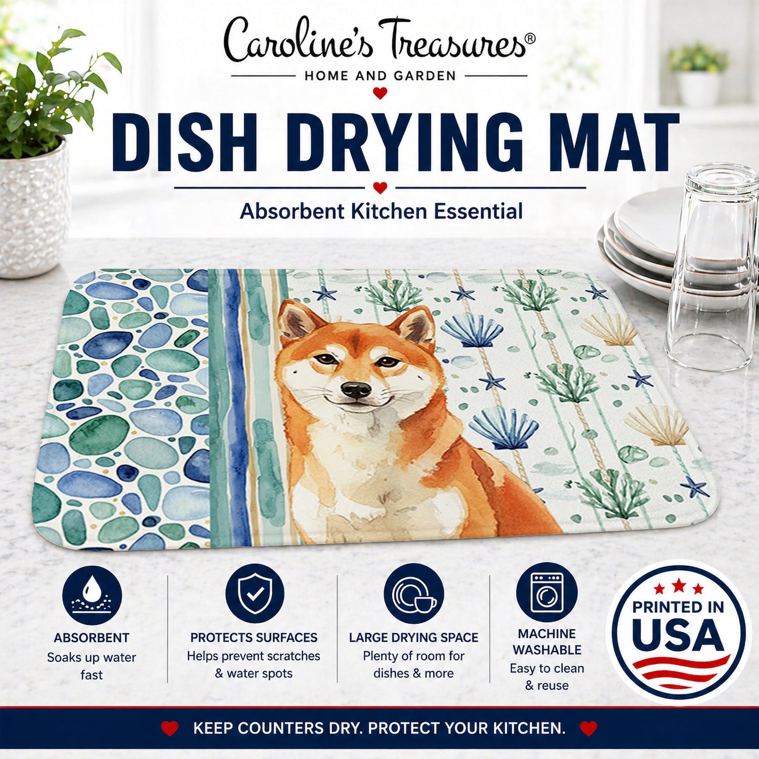 Red Shiba Inu Coastal Sea Glass Dish Drying Mat Absorbent Dish Drying Mat Pad for Kitchen Counter Dish Drainer Mat for Countertop, 14 x 21", Multicolor