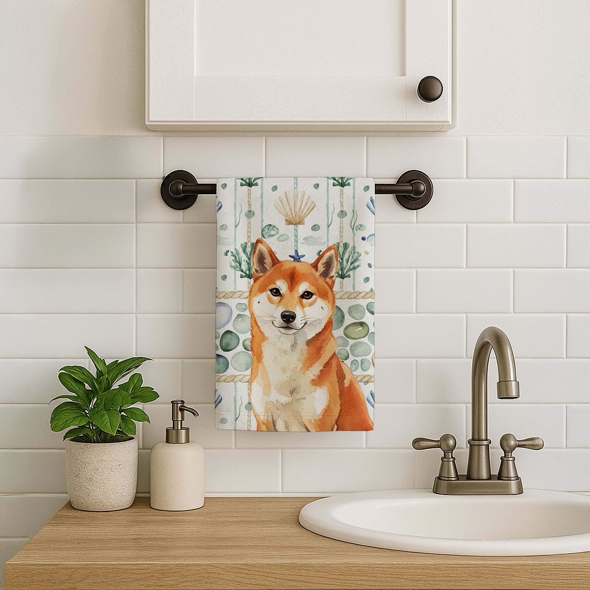 Red Shiba Inu Coastal Sea Glass Kitchen Towel Velour Plush Front and Cotton Loop Back Machine Washable