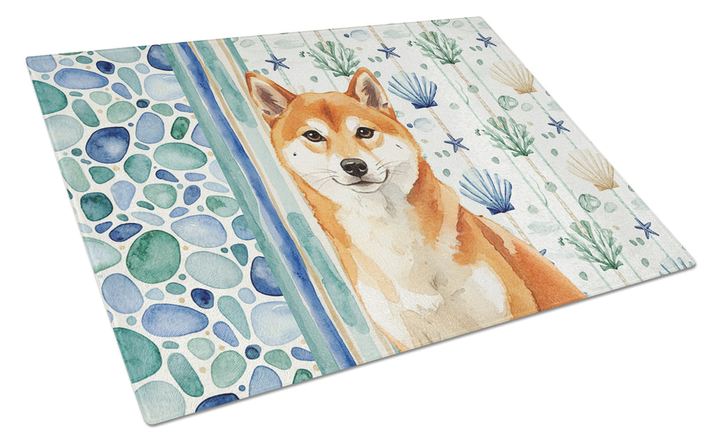 Red Shiba Inu Coastal Sea Glass Cutting Board Tempered Glass Kitchen Cutting Surface, Heat Resistant Chopping, Non-Slip Feet, Food Prep & Serving