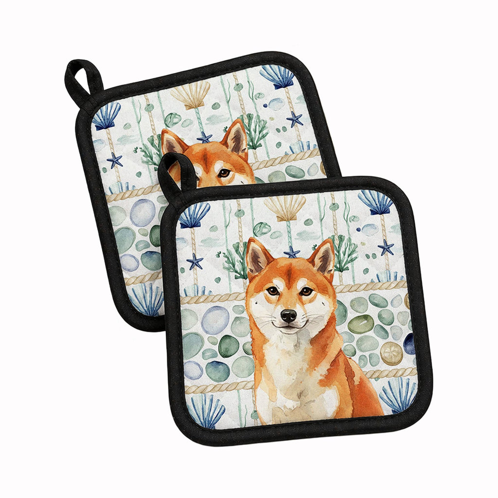 Red Shiba Inu Coastal Sea Glass Pot Holder Set of 2 Heat Resistant Quilted Hot Pads 7.5 x 7.5 Inch, Insulated Kitchen Trivets for Cooking & Baking