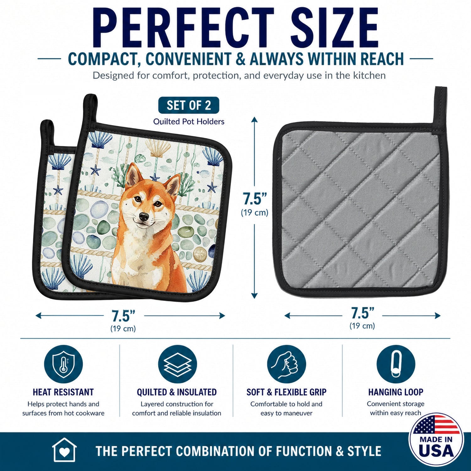 Red Shiba Inu Coastal Sea Glass Pot Holder Set of 2 Heat Resistant Quilted Hot Pads 7.5 x 7.5 Inch, Insulated Kitchen Trivets for Cooking & Baking