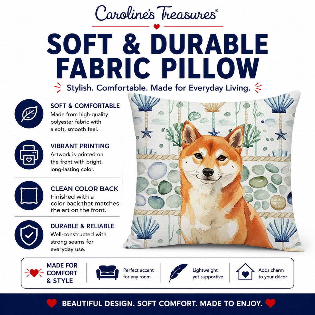 Red Shiba Inu Coastal Sea Glass Decorative Throw Pillow 14x14 Indoor Outdoor Accent Cushion, Fabric Cover with Insert for Sofa, Bed, Porch & Living Room