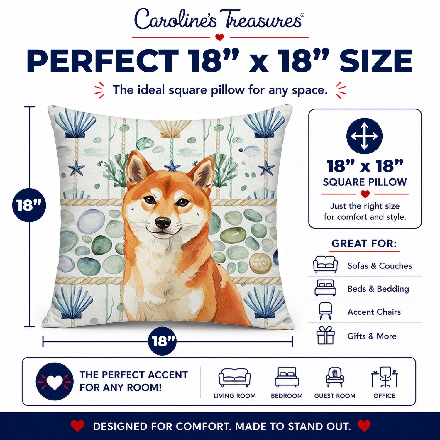 Red Shiba Inu Coastal Sea Glass Decorative Throw Pillow 18x18 Indoor Outdoor Accent Cushion, Fabric Cover with Insert for Sofa, Bed, Porch & Living Room
