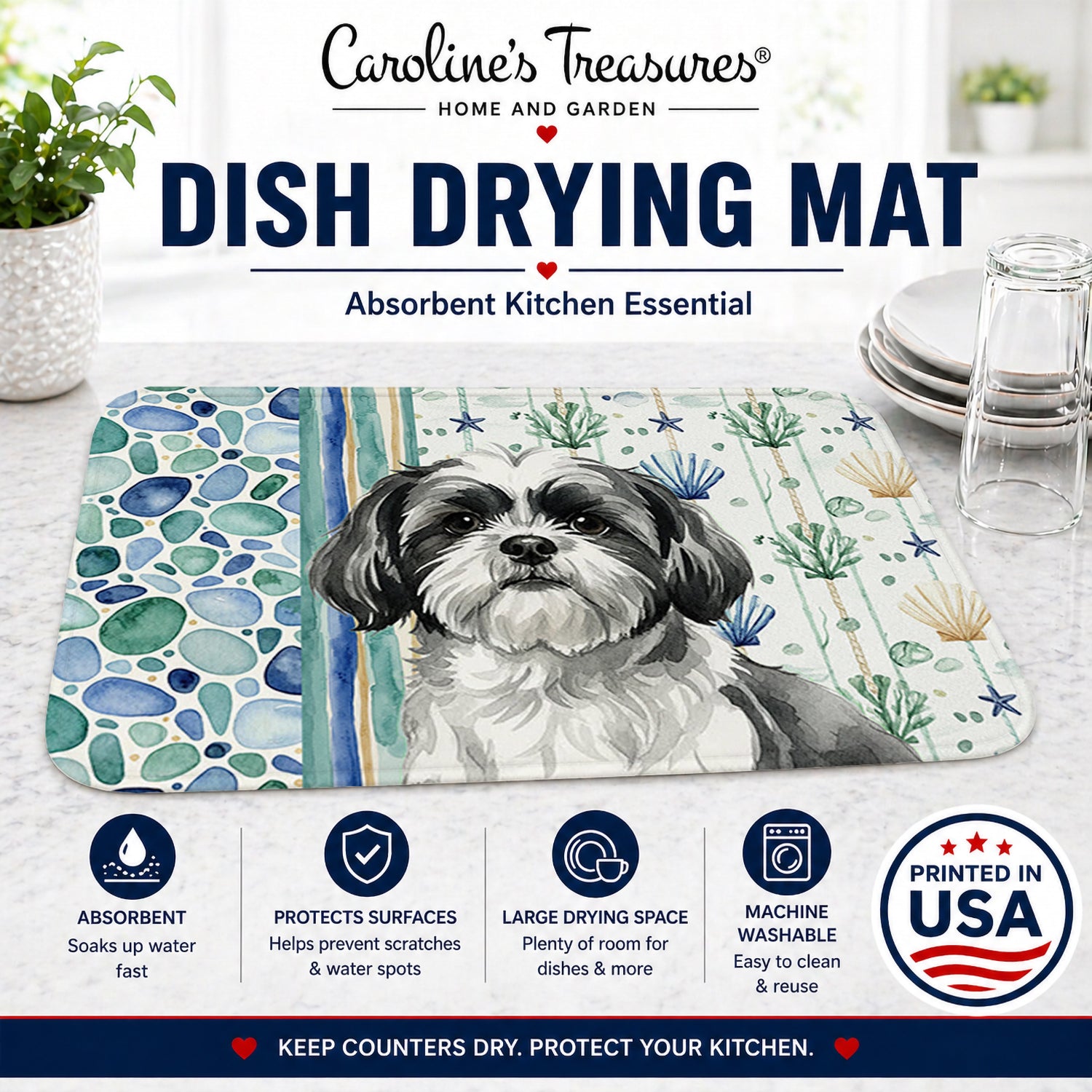 Black and White Shih Tzu Coastal Sea Glass Dish Drying Mat Absorbent Dish Drying Mat Pad for Kitchen Counter Dish Drainer Mat for Countertop, 14 x 21", Multicolor