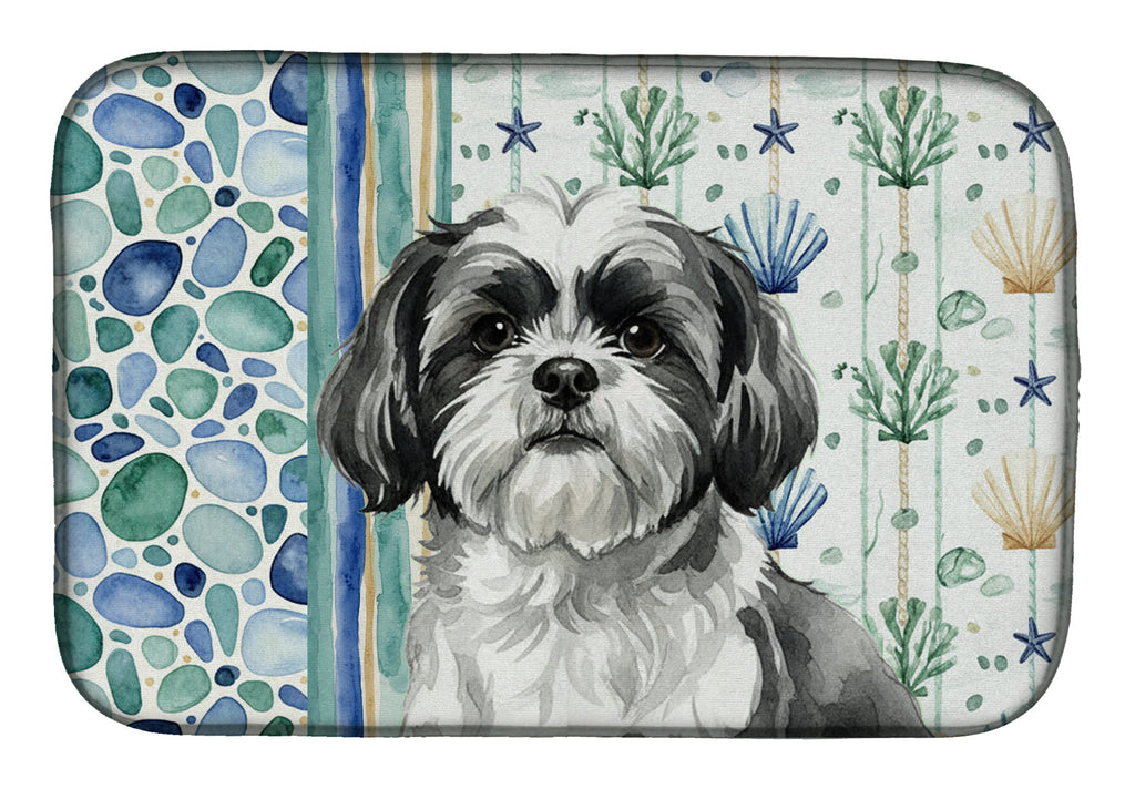 Black and White Shih Tzu Coastal Sea Glass Dish Drying Mat Absorbent Dish Drying Mat Pad for Kitchen Counter Dish Drainer Mat for Countertop, 14 x 21", Multicolor