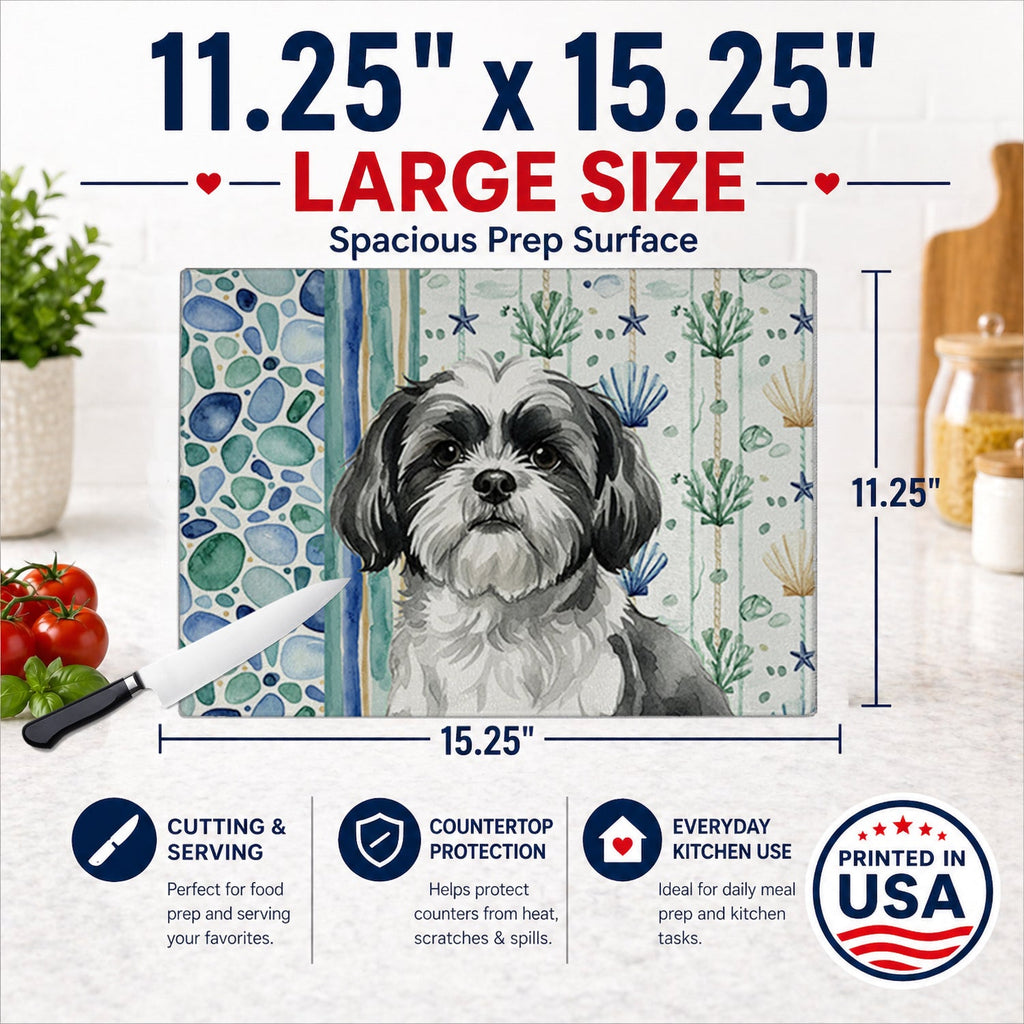 Black and White Shih Tzu Coastal Sea Glass Cutting Board Tempered Glass Kitchen Cutting Surface, Heat Resistant Chopping, Non-Slip Feet, Food Prep & Serving