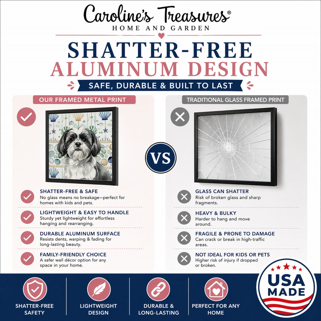 Black and White Shih Tzu Coastal Sea Glass Framed Metal Print Bathroom, Kitchen, Office, Home Decor Wall Art Ready to Hang, Square, 8X8