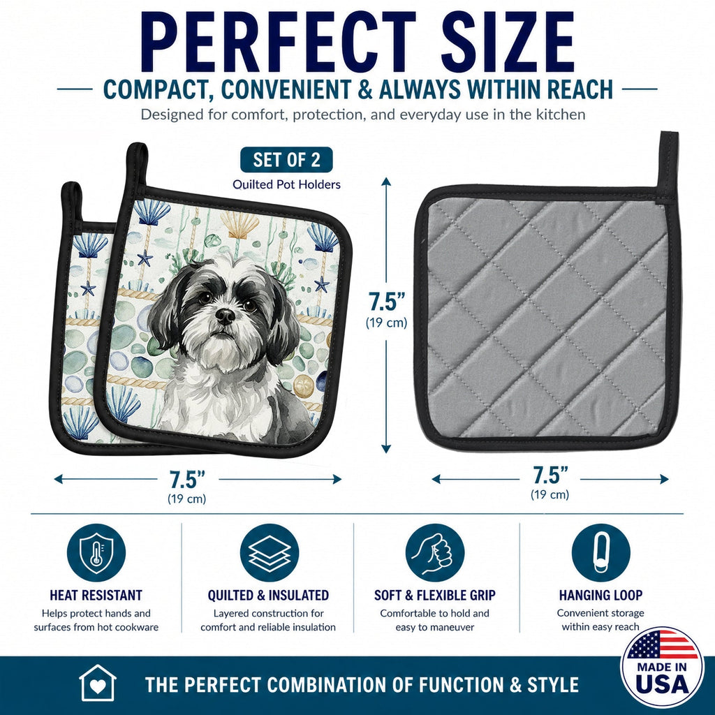 Black and White Shih Tzu Coastal Sea Glass Pot Holder Set of 2 Heat Resistant Quilted Hot Pads 7.5 x 7.5 Inch, Insulated Kitchen Trivets for Cooking & Baking