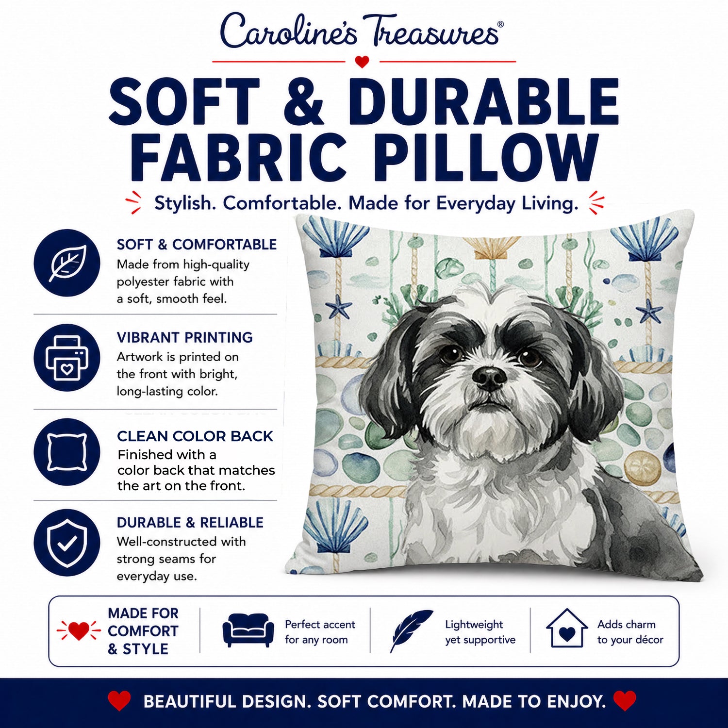 Black and White Shih Tzu Coastal Sea Glass Decorative Throw Pillow 14x14 Indoor Outdoor Accent Cushion, Fabric Cover with Insert for Sofa, Bed, Porch & Living Room