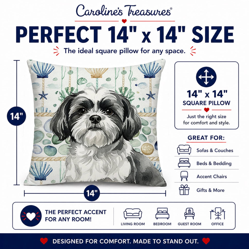 Black and White Shih Tzu Coastal Sea Glass Decorative Throw Pillow 14x14 Indoor Outdoor Accent Cushion, Fabric Cover with Insert for Sofa, Bed, Porch & Living Room