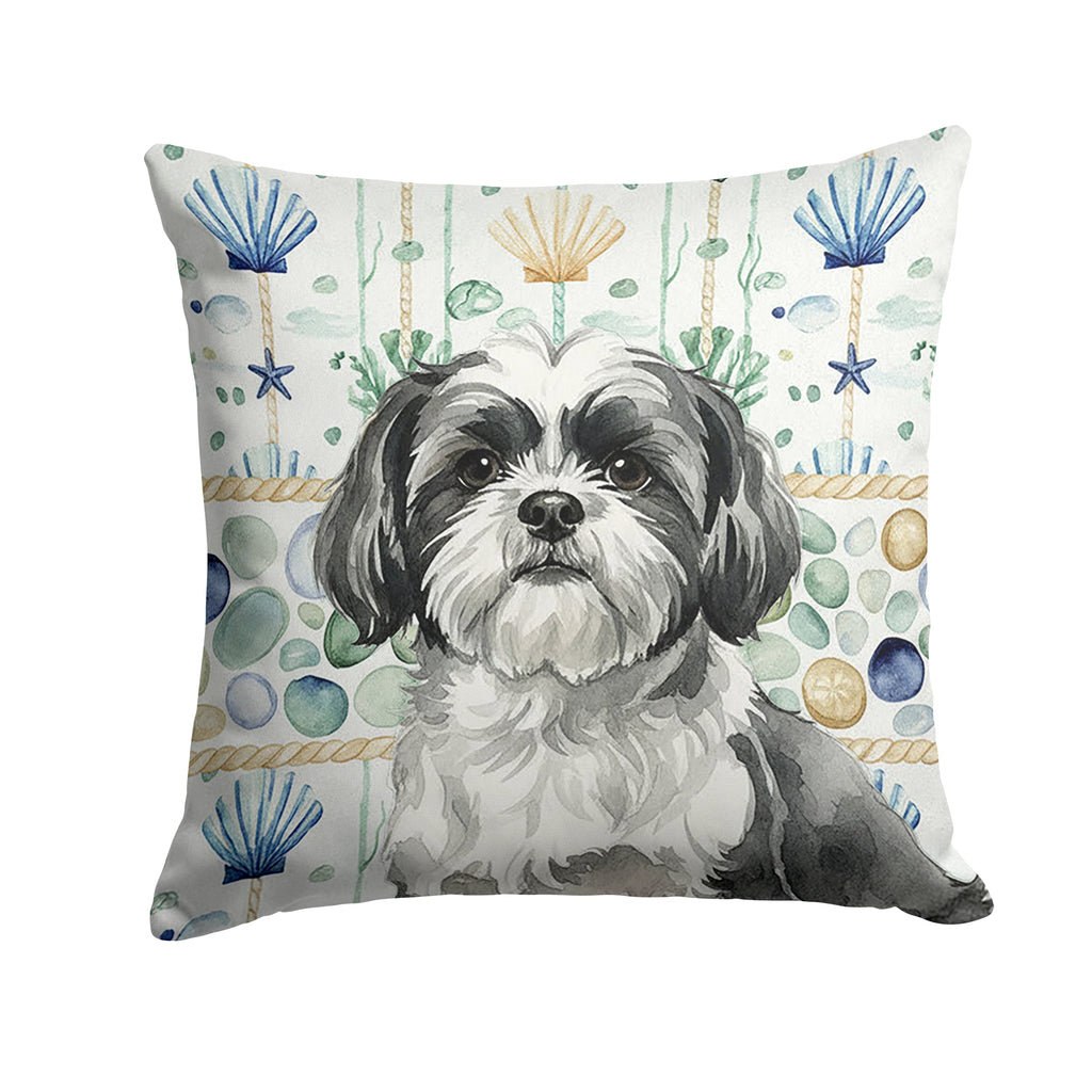 Black and White Shih Tzu Coastal Sea Glass Decorative Throw Pillow 14x14 Indoor Outdoor Accent Cushion, Fabric Cover with Insert for Sofa, Bed, Porch & Living Room