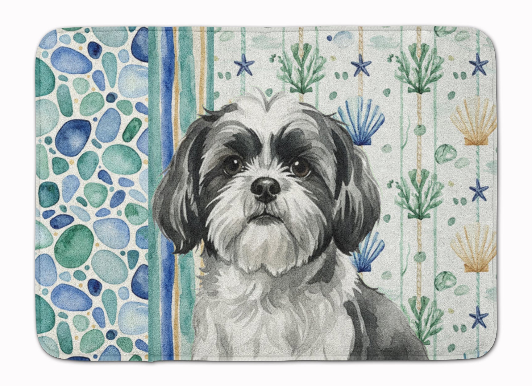 Black and White Shih Tzu Coastal Sea Glass Memory Foam Kitchen Mat Machine Washable Anti-Fatigue Cushion Comfort Bath or Kitchen Rug