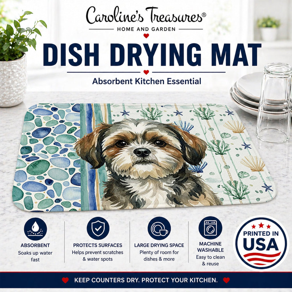 Brindle Shih Tzu Coastal Sea Glass Dish Drying Mat Absorbent Dish Drying Mat Pad for Kitchen Counter Dish Drainer Mat for Countertop, 14 x 21", Multicolor