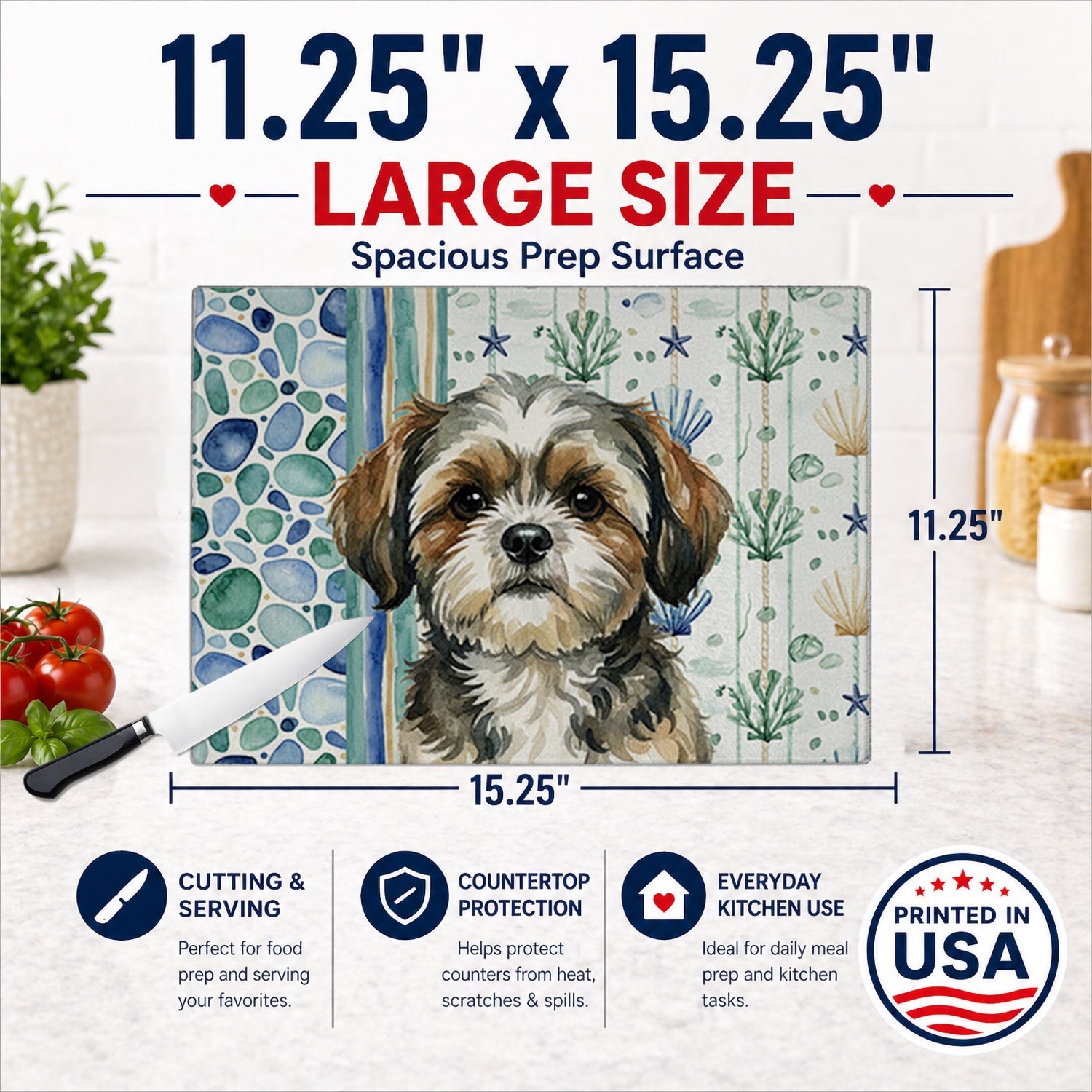 Brindle Shih Tzu Coastal Sea Glass Cutting Board Tempered Glass Kitchen Cutting Surface, Heat Resistant Chopping, Non-Slip Feet, Food Prep & Serving