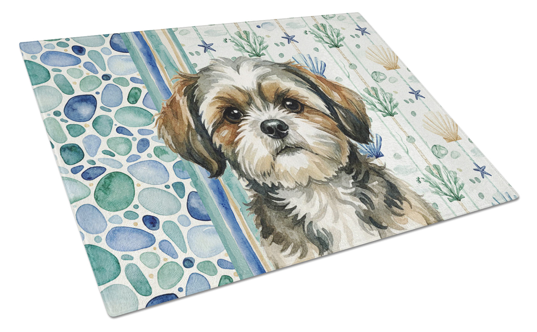Brindle Shih Tzu Coastal Sea Glass Cutting Board Tempered Glass Kitchen Cutting Surface, Heat Resistant Chopping, Non-Slip Feet, Food Prep & Serving