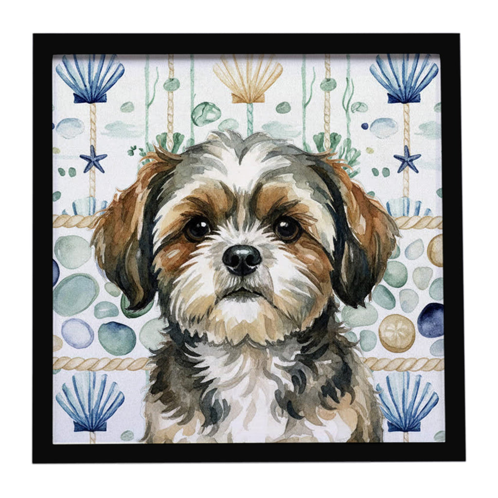 Brindle Shih Tzu Coastal Sea Glass Framed Metal Print Bathroom, Kitchen, Office, Home Decor Wall Art Ready to Hang, Square, 8X8