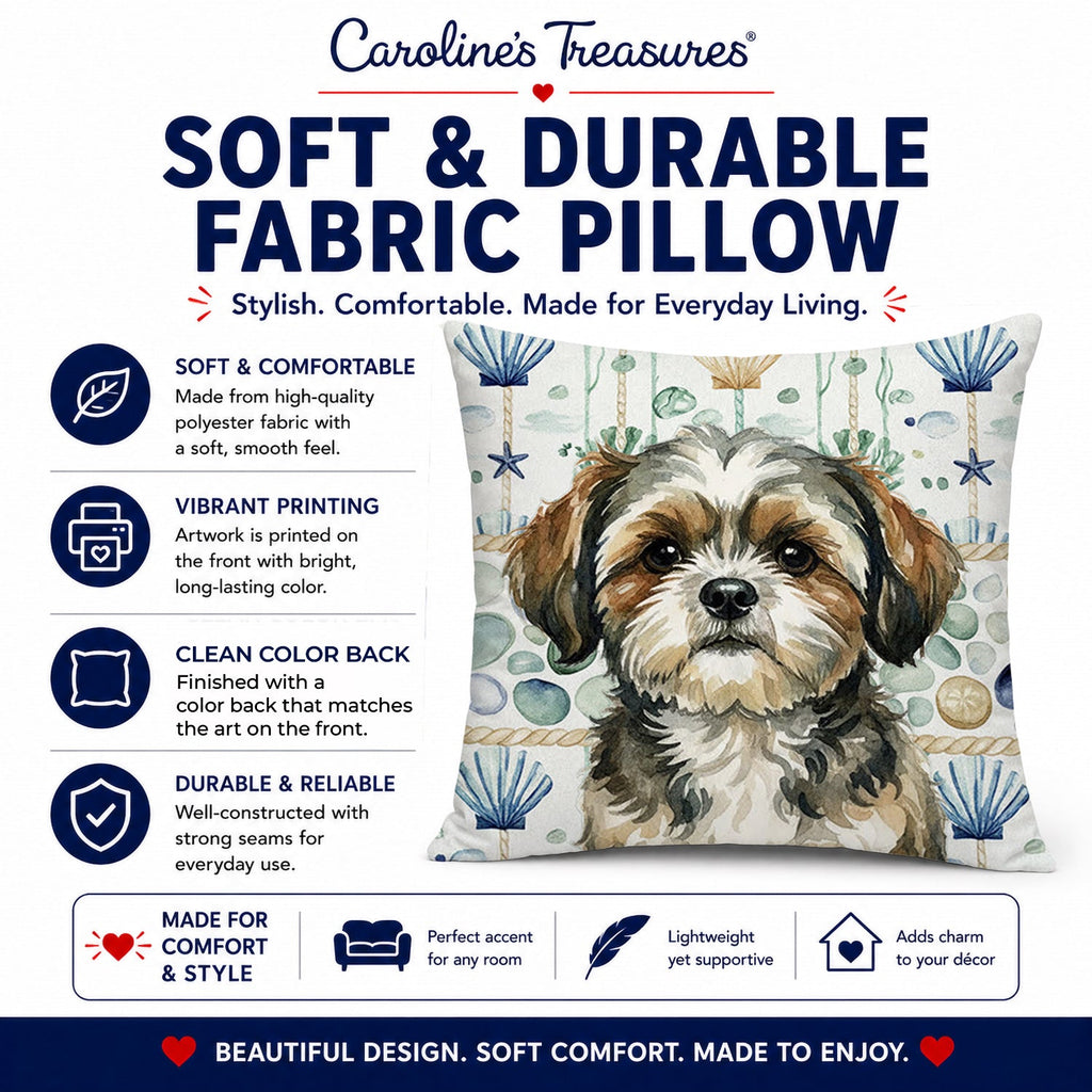 Brindle Shih Tzu Coastal Sea Glass Decorative Throw Pillow 14x14 Indoor Outdoor Accent Cushion, Fabric Cover with Insert for Sofa, Bed, Porch & Living Room