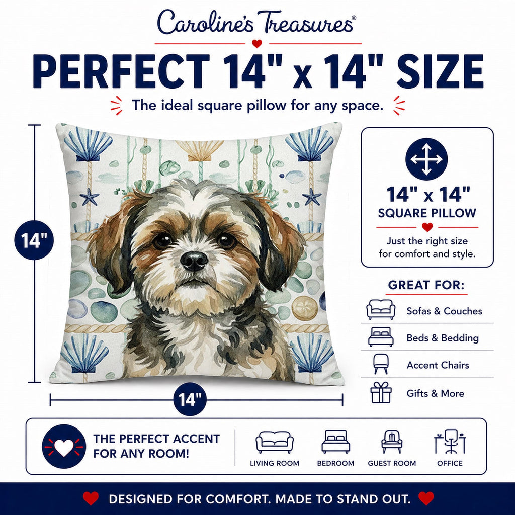 Brindle Shih Tzu Coastal Sea Glass Decorative Throw Pillow 14x14 Indoor Outdoor Accent Cushion, Fabric Cover with Insert for Sofa, Bed, Porch & Living Room