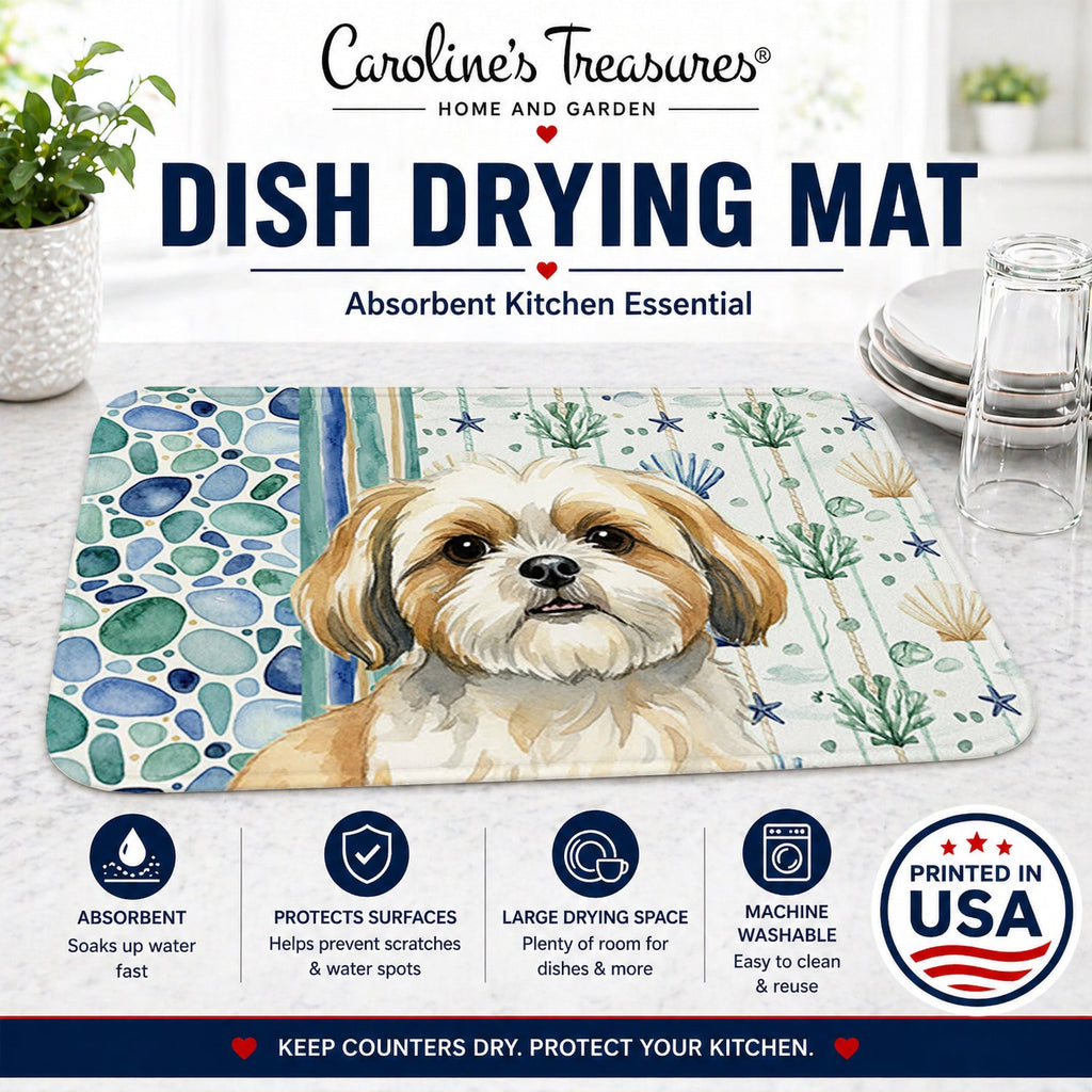 Gold and White Shih Tzu Coastal Sea Glass Dish Drying Mat Absorbent Dish Drying Mat Pad for Kitchen Counter Dish Drainer Mat for Countertop, 14 x 21", Multicolor