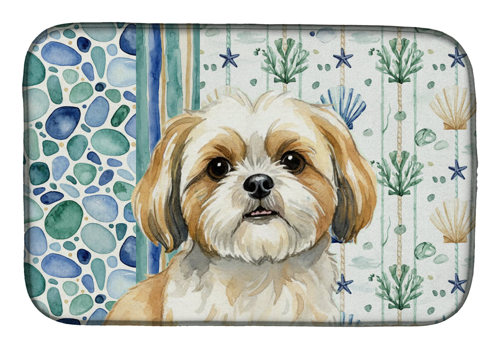 Gold and White Shih Tzu Coastal Sea Glass Dish Drying Mat Absorbent Dish Drying Mat Pad for Kitchen Counter Dish Drainer Mat for Countertop, 14 x 21", Multicolor