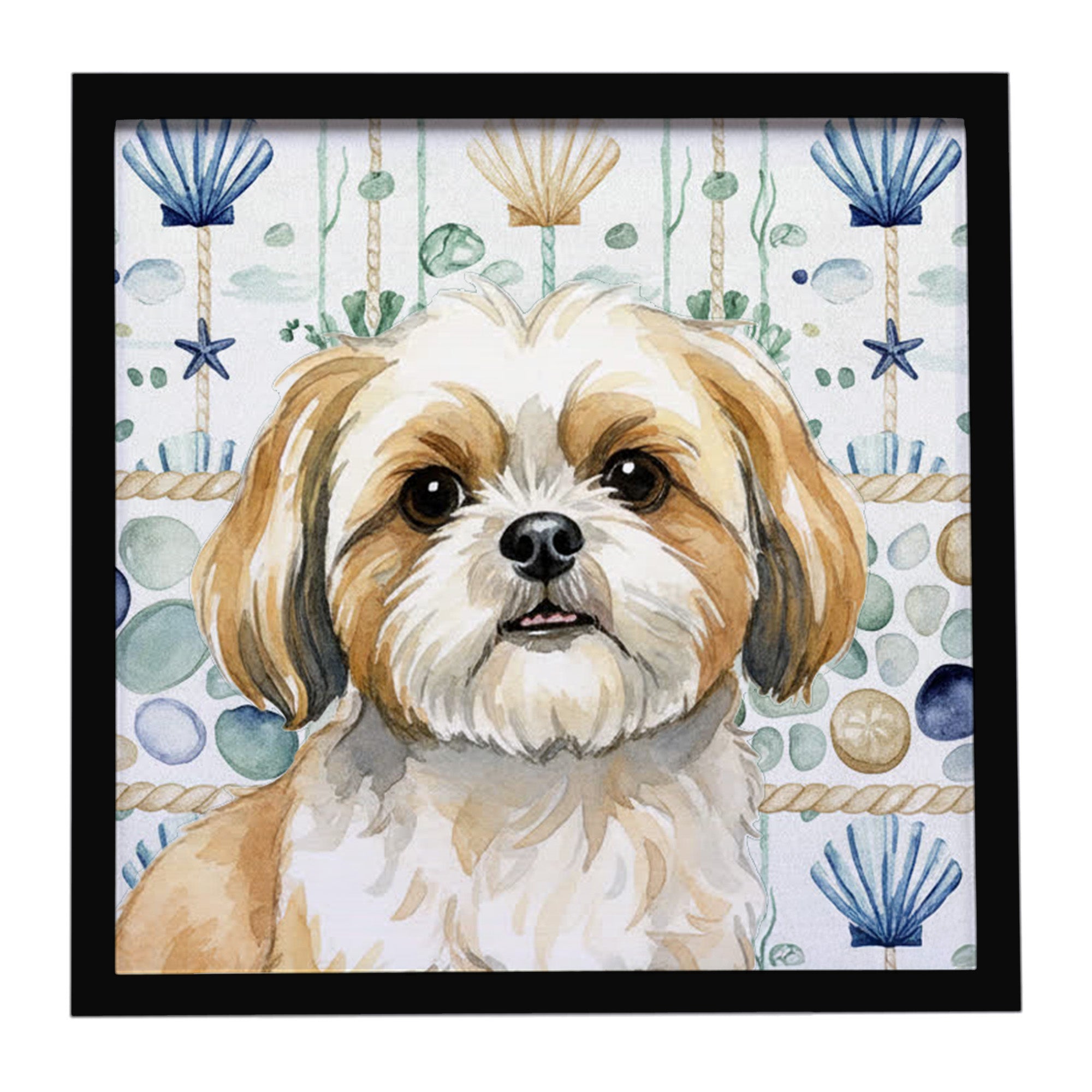 Gold and White Shih Tzu Coastal Sea Glass Framed Metal Print Bathroom, Kitchen, Office, Home Decor Wall Art Ready to Hang, Square, 8X8