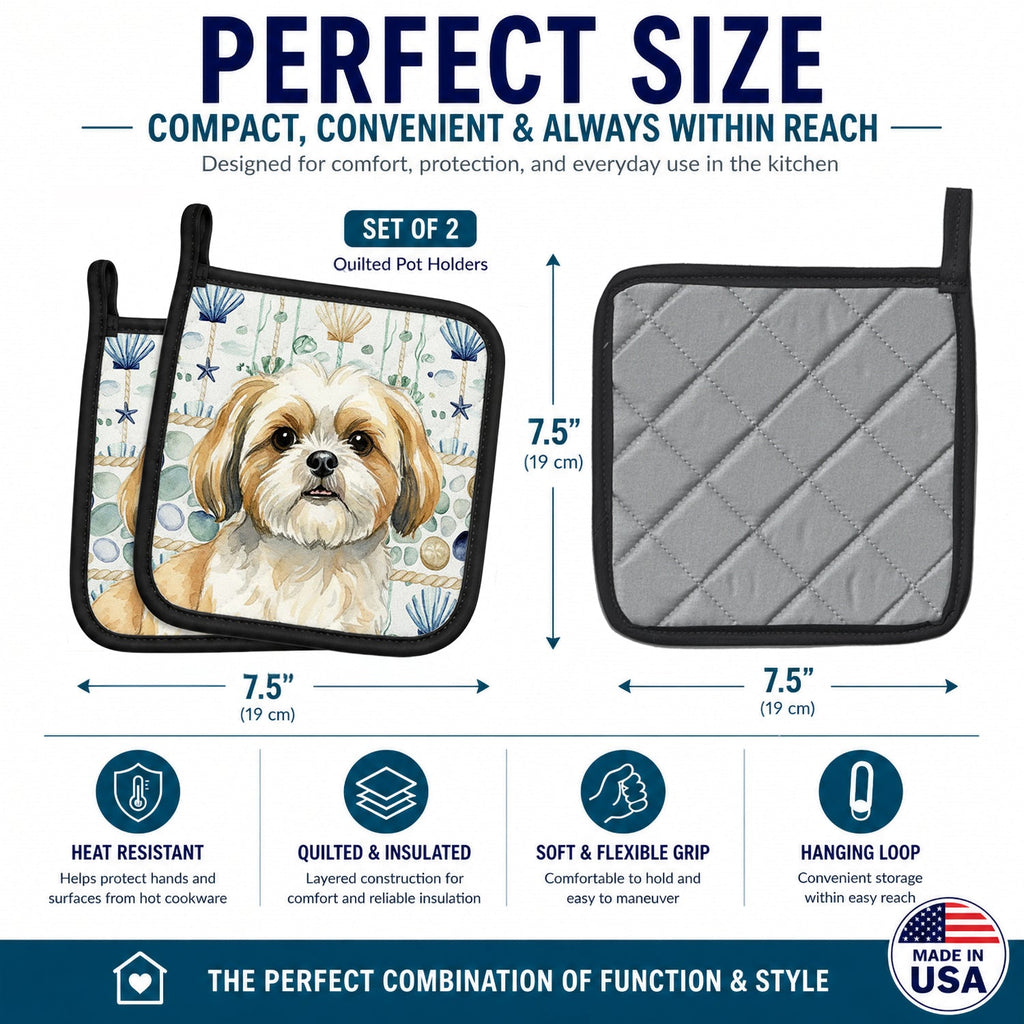 Gold and White Shih Tzu Coastal Sea Glass Pot Holder Set of 2 Heat Resistant Quilted Hot Pads 7.5 x 7.5 Inch, Insulated Kitchen Trivets for Cooking & Baking
