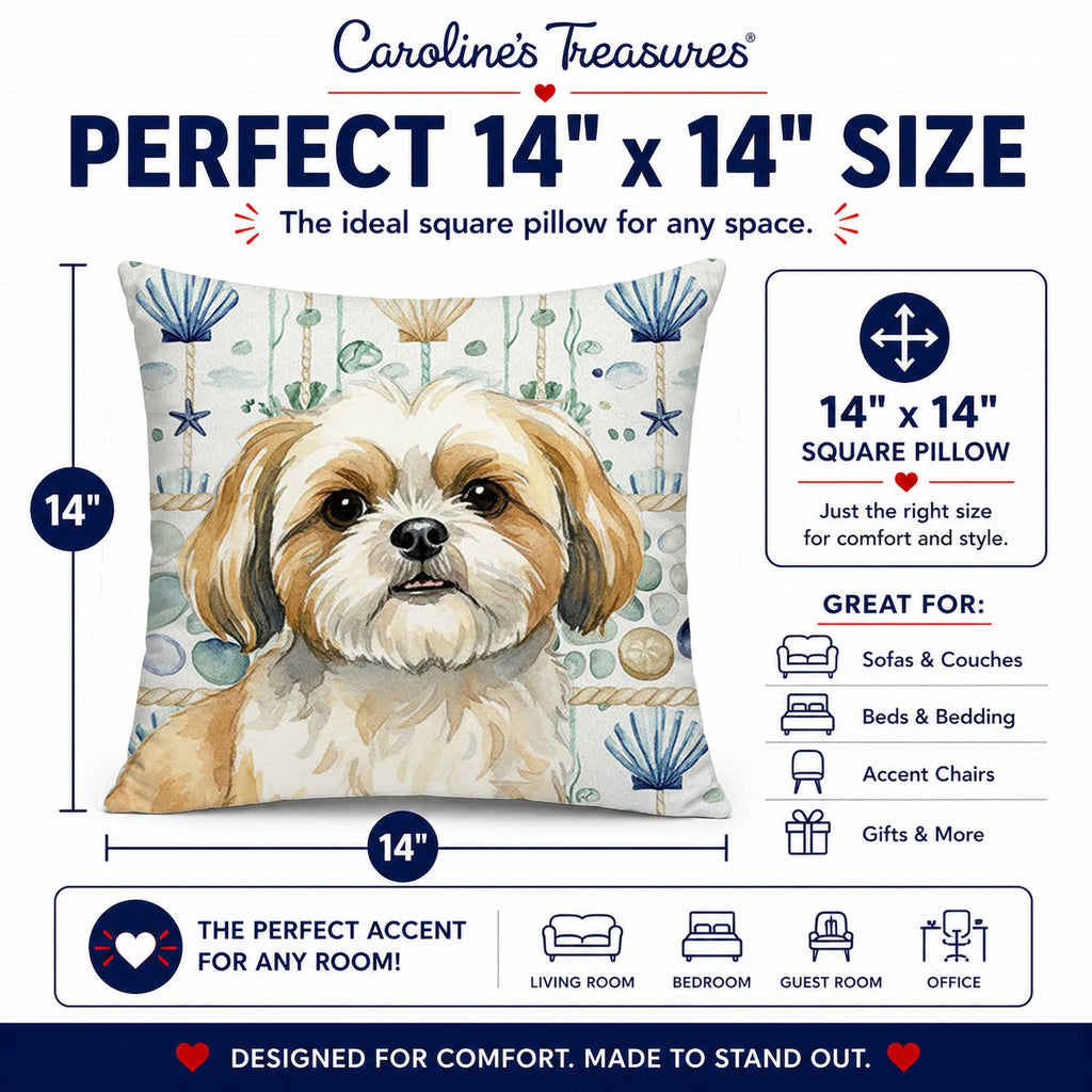 Gold and White Shih Tzu Coastal Sea Glass Decorative Throw Pillow 14x14 Indoor Outdoor Accent Cushion, Fabric Cover with Insert for Sofa, Bed, Porch & Living Room