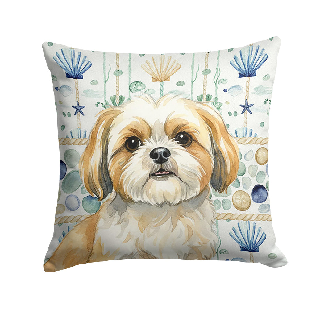 Gold and White Shih Tzu Coastal Sea Glass Decorative Throw Pillow 14x14 Indoor Outdoor Accent Cushion, Fabric Cover with Insert for Sofa, Bed, Porch & Living Room
