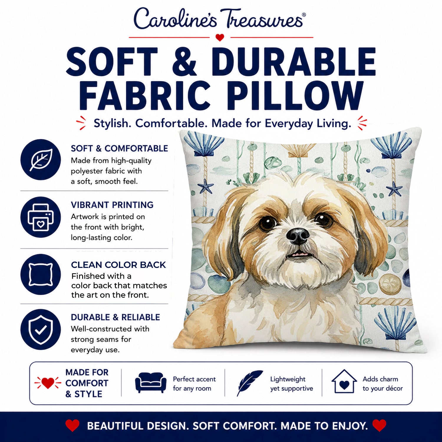 Gold and White Shih Tzu Coastal Sea Glass Decorative Throw Pillow 18x18 Indoor Outdoor Accent Cushion, Fabric Cover with Insert for Sofa, Bed, Porch & Living Room