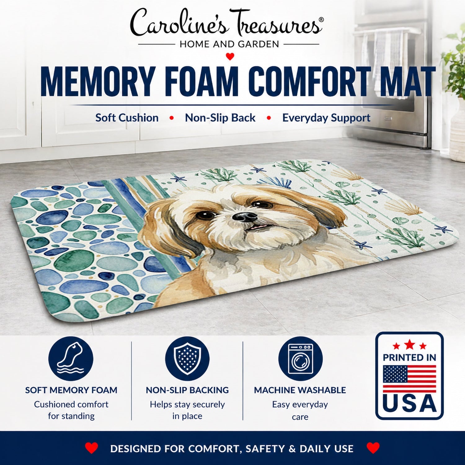 Gold and White Shih Tzu Coastal Sea Glass Memory Foam Kitchen Mat Machine Washable Anti-Fatigue Cushion Comfort Bath or Kitchen Rug