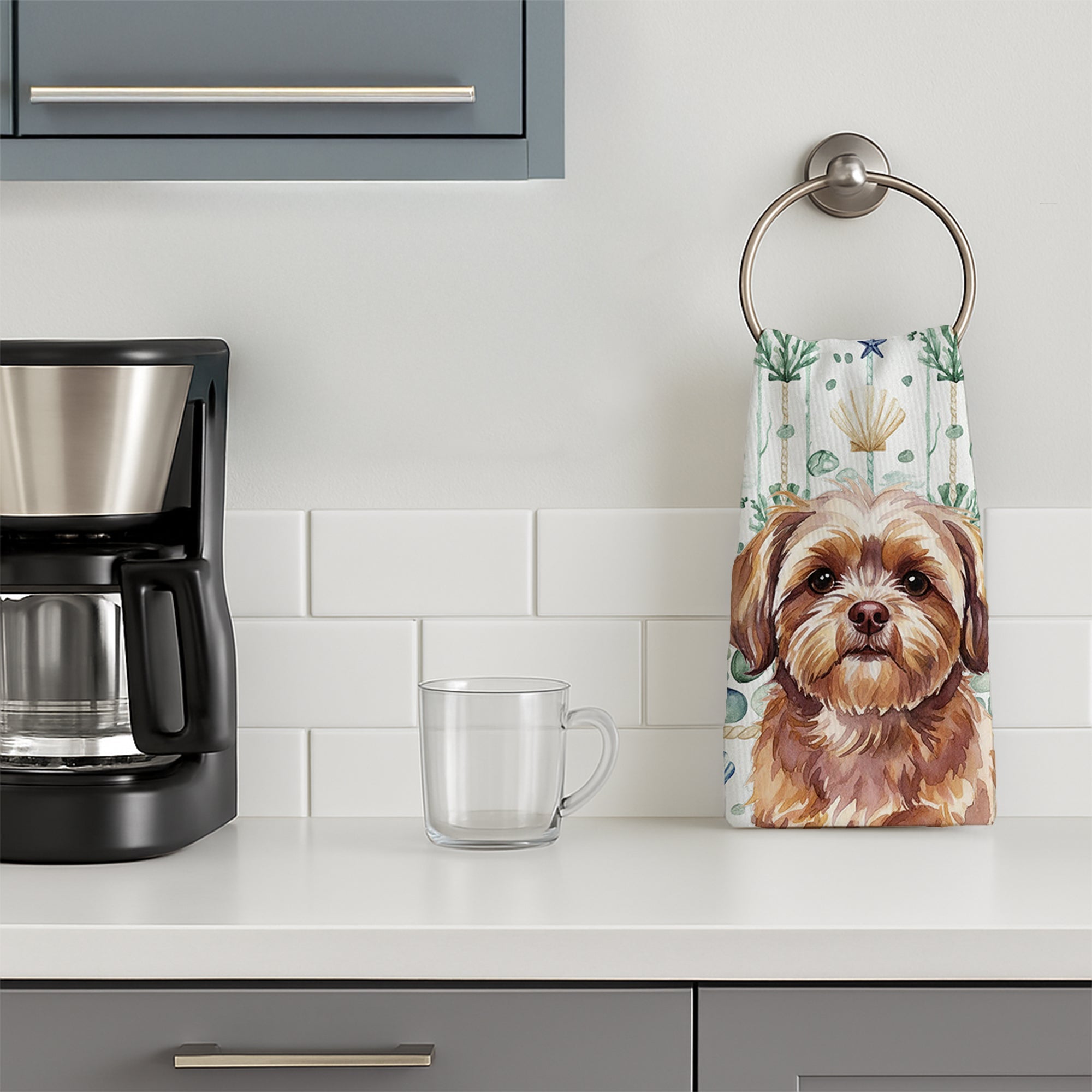 Liver Shih Tzu Coastal Sea Glass Kitchen Towel Velour Plush Front and Cotton Loop Back Machine Washable