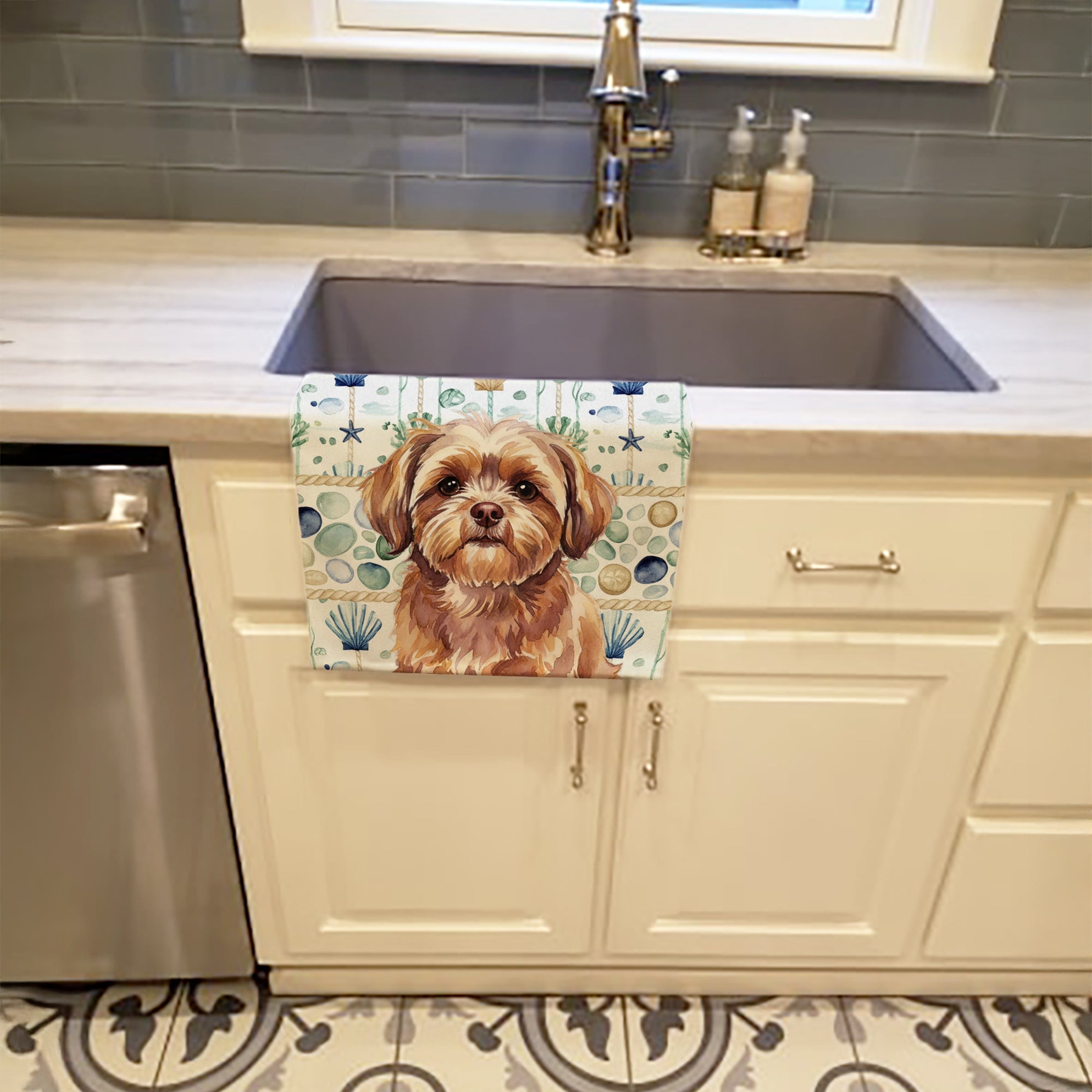 Liver Shih Tzu Coastal Sea Glass Kitchen Towel Velour Plush Front and Cotton Loop Back Machine Washable