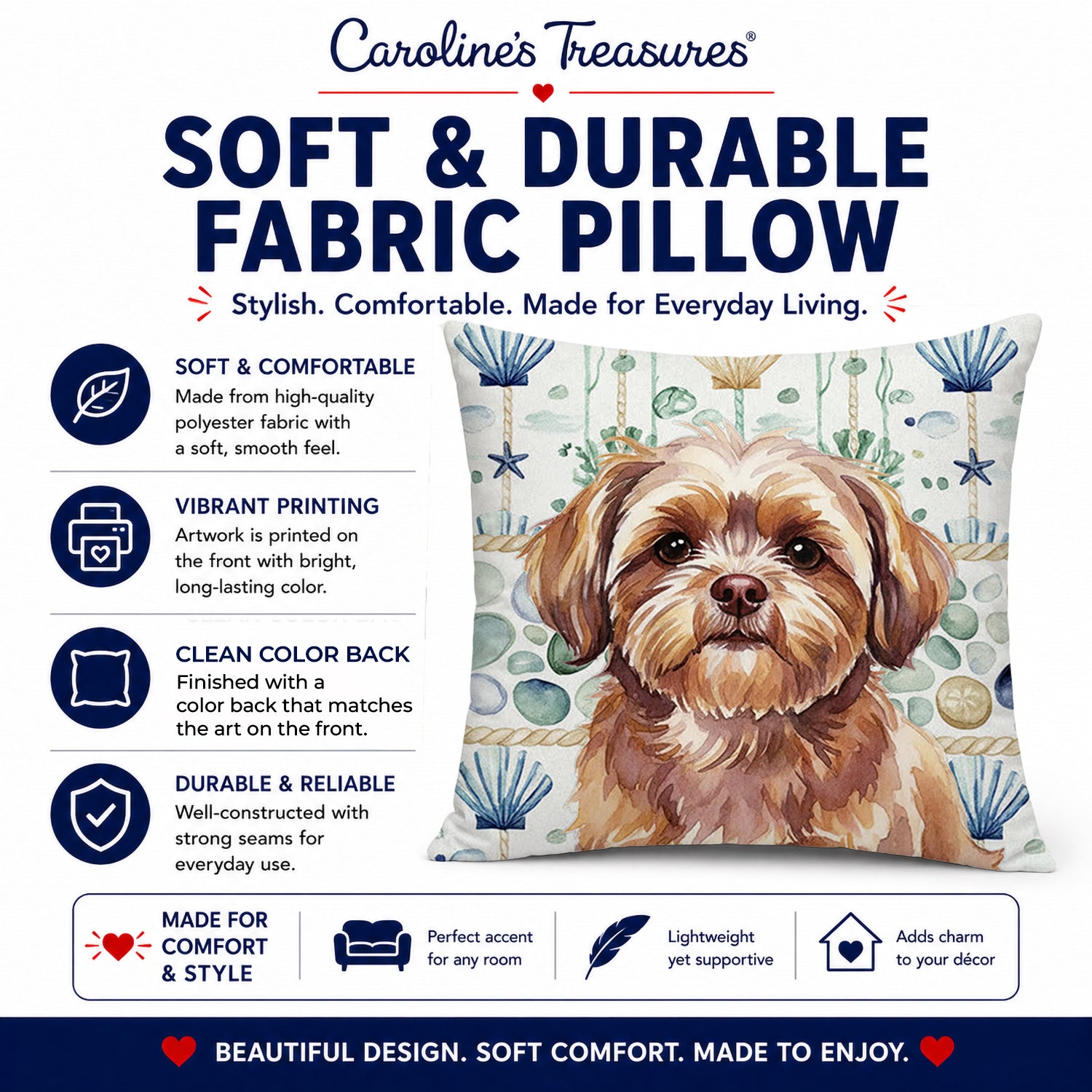 Liver Shih Tzu Coastal Sea Glass Decorative Throw Pillow 18x18 Indoor Outdoor Accent Cushion, Fabric Cover with Insert for Sofa, Bed, Porch & Living Room