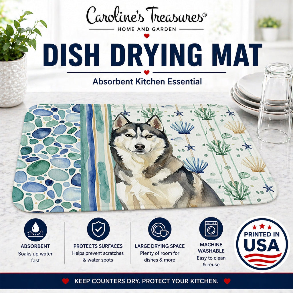 Agouti Siberian Husky Coastal Sea Glass Dish Drying Mat Absorbent Dish Drying Mat Pad for Kitchen Counter Dish Drainer Mat for Countertop, 14 x 21", Multicolor