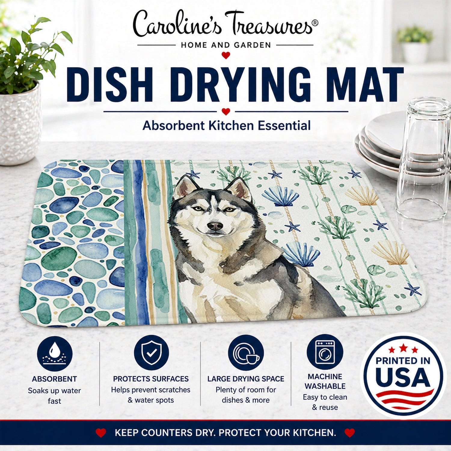 Agouti Siberian Husky Coastal Sea Glass Dish Drying Mat Absorbent Dish Drying Mat Pad for Kitchen Counter Dish Drainer Mat for Countertop, 14 x 21", Multicolor
