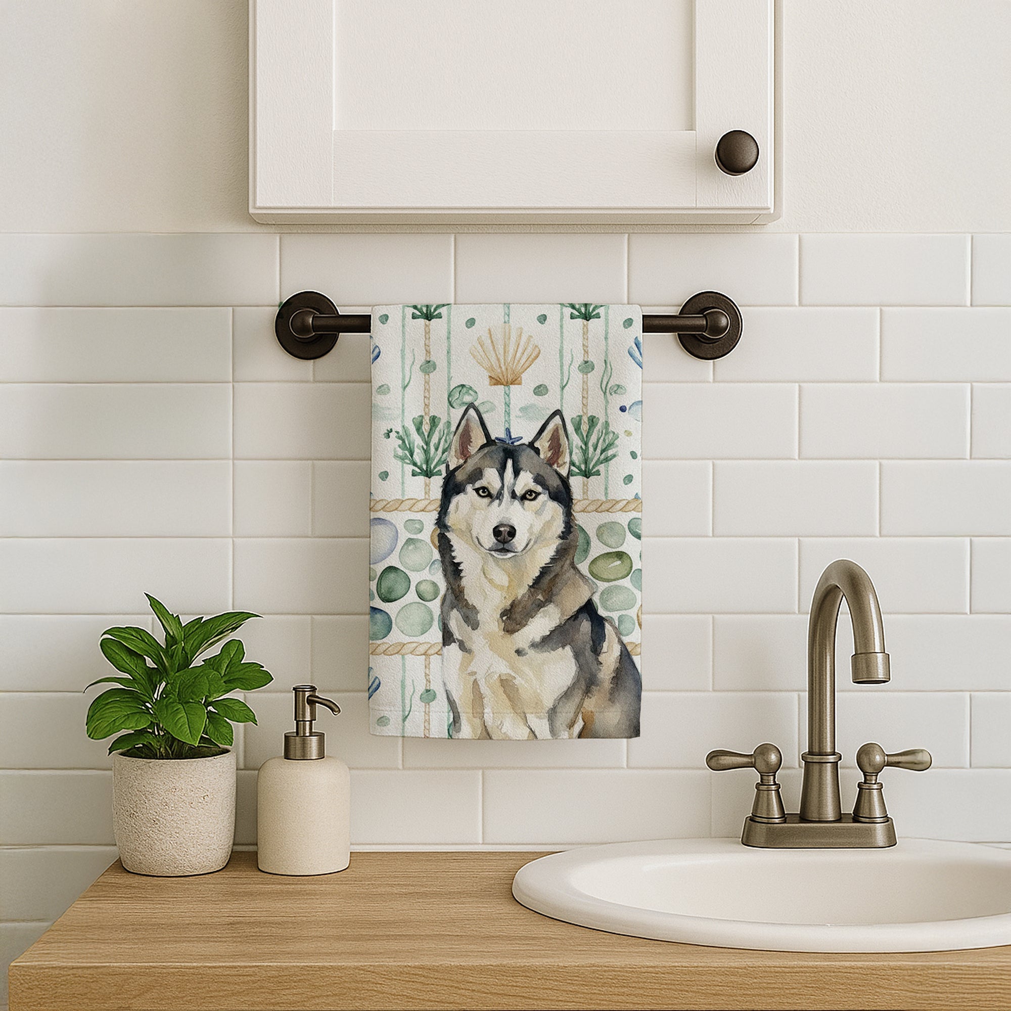 Agouti Siberian Husky Coastal Sea Glass Kitchen Towel Velour Plush Front and Cotton Loop Back Machine Washable