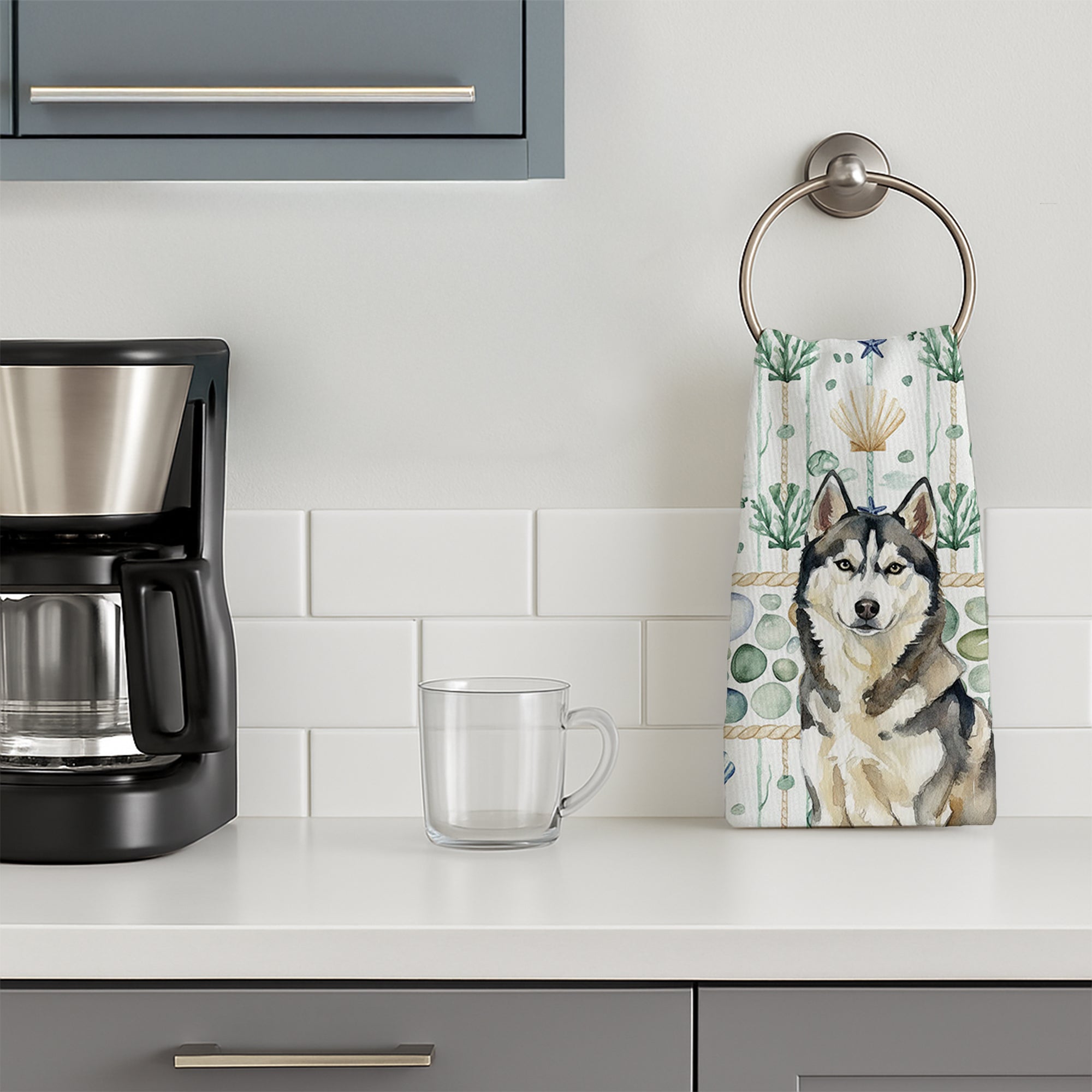 Agouti Siberian Husky Coastal Sea Glass Kitchen Towel Velour Plush Front and Cotton Loop Back Machine Washable