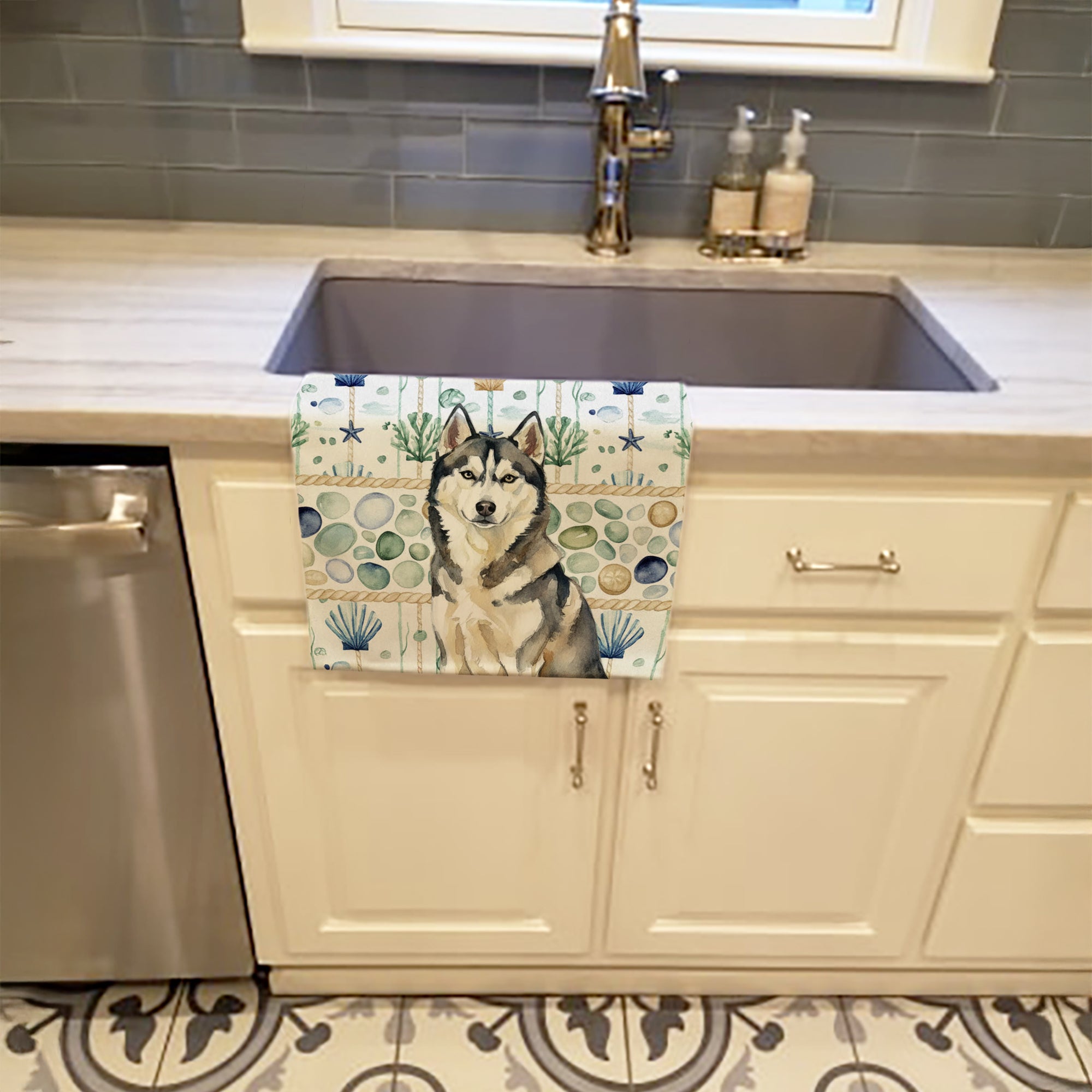 Agouti Siberian Husky Coastal Sea Glass Kitchen Towel Velour Plush Front and Cotton Loop Back Machine Washable