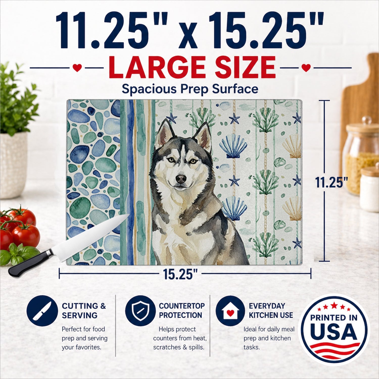 Agouti Siberian Husky Coastal Sea Glass Cutting Board Tempered Glass Kitchen Cutting Surface, Heat Resistant Chopping, Non-Slip Feet, Food Prep & Serving