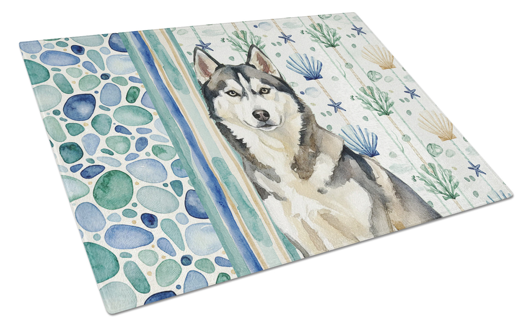 Agouti Siberian Husky Coastal Sea Glass Cutting Board Tempered Glass Kitchen Cutting Surface, Heat Resistant Chopping, Non-Slip Feet, Food Prep & Serving