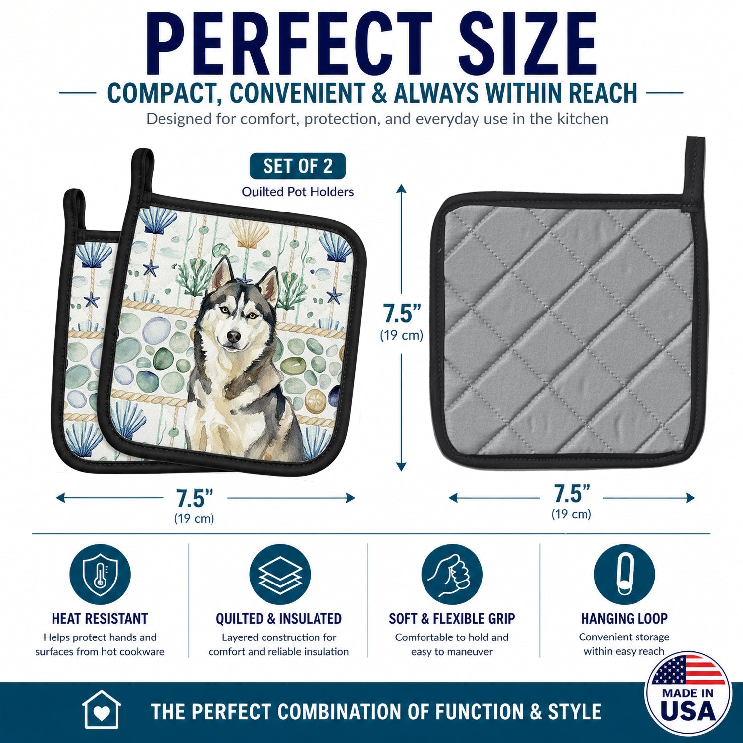 Agouti Siberian Husky Coastal Sea Glass Pot Holder Set of 2 Heat Resistant Quilted Hot Pads 7.5 x 7.5 Inch, Insulated Kitchen Trivets for Cooking & Baking