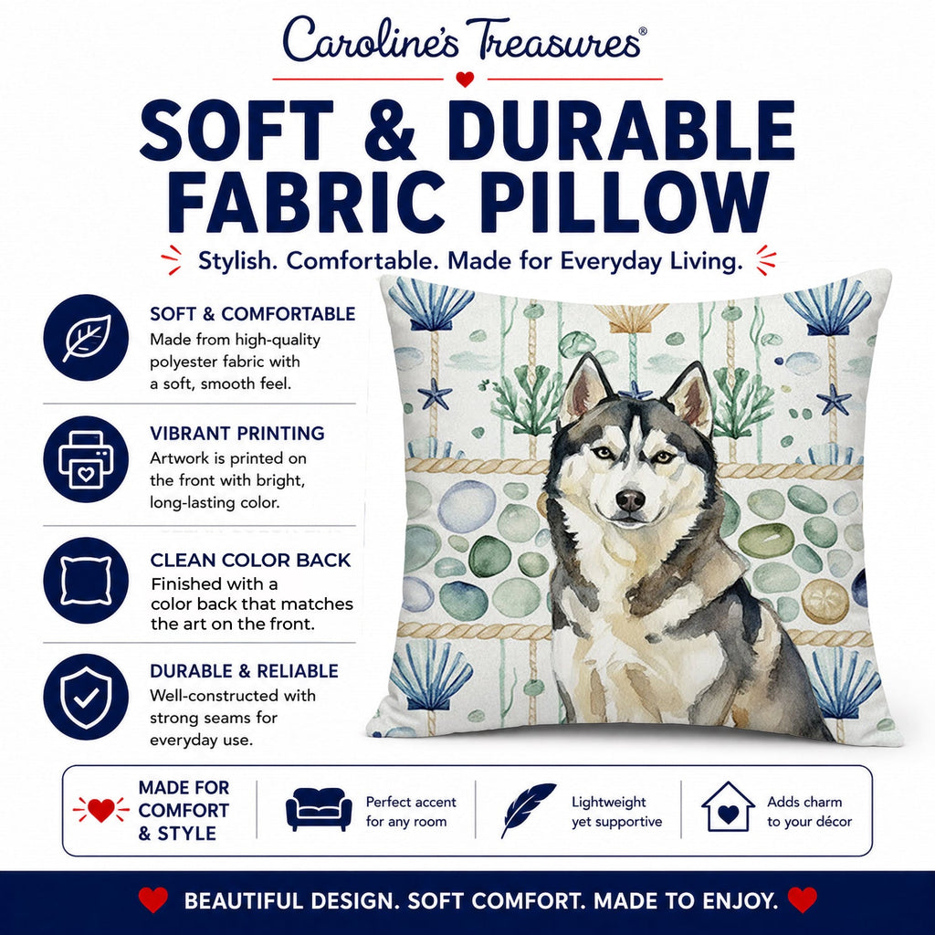 Agouti Siberian Husky Coastal Sea Glass Decorative Throw Pillow 14x14 Indoor Outdoor Accent Cushion, Fabric Cover with Insert for Sofa, Bed, Porch & Living Room