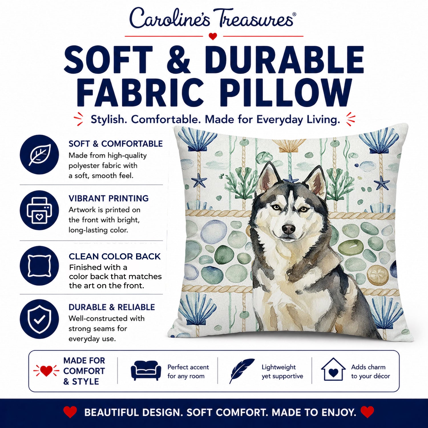 Agouti Siberian Husky Coastal Sea Glass Decorative Throw Pillow 18x18 Indoor Outdoor Accent Cushion, Fabric Cover with Insert for Sofa, Bed, Porch & Living Room