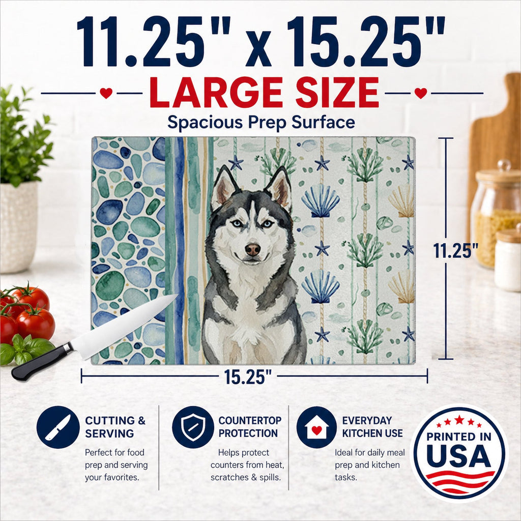 Siberian Husky Coastal Sea Glass Cutting Board Tempered Glass Kitchen Cutting Surface, Heat Resistant Chopping, Non-Slip Feet, Food Prep & Serving